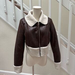 NWT Dark Brown and Beige Shearling Women's Aviator Jacket Size Small
